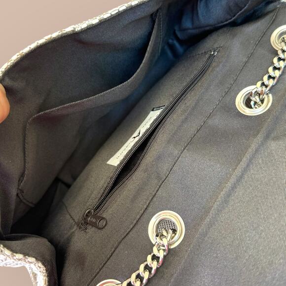 Alma Tonutti Italy Leather Fabric Purse Bag Silver Chain Strap Woven White Tan - Picture 6 of 11